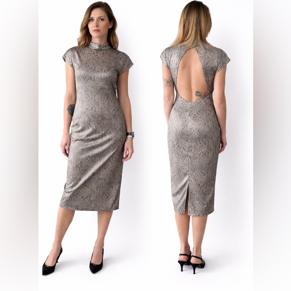 Vintage 80s Savannah Metallic Snake Print Midi Dress Open Back Medium 11/12 6 8